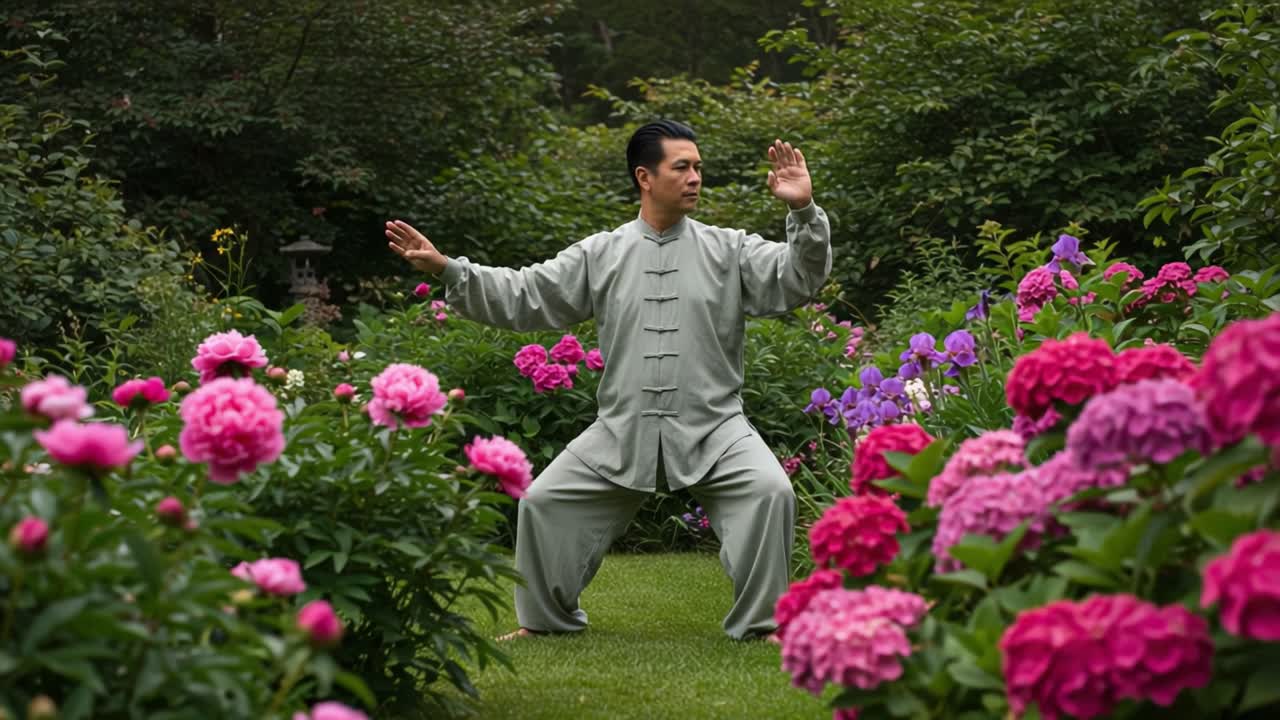 A Serene Display of Tai Chi Amidst Vibrant Floral Beauty in a Lush Garden Setting, Emphasizing Flow and Harmony with Nature