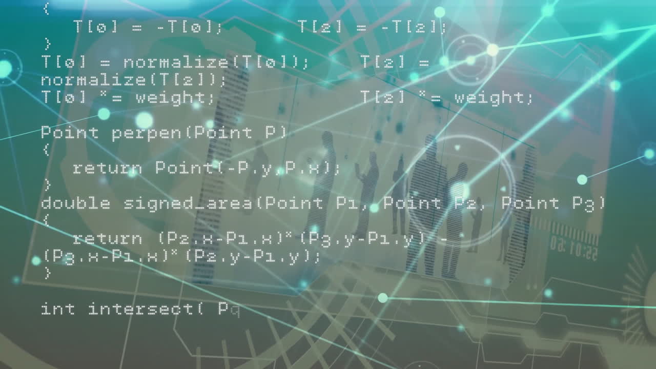 Animation of geometric shapes and computer code over digital network background