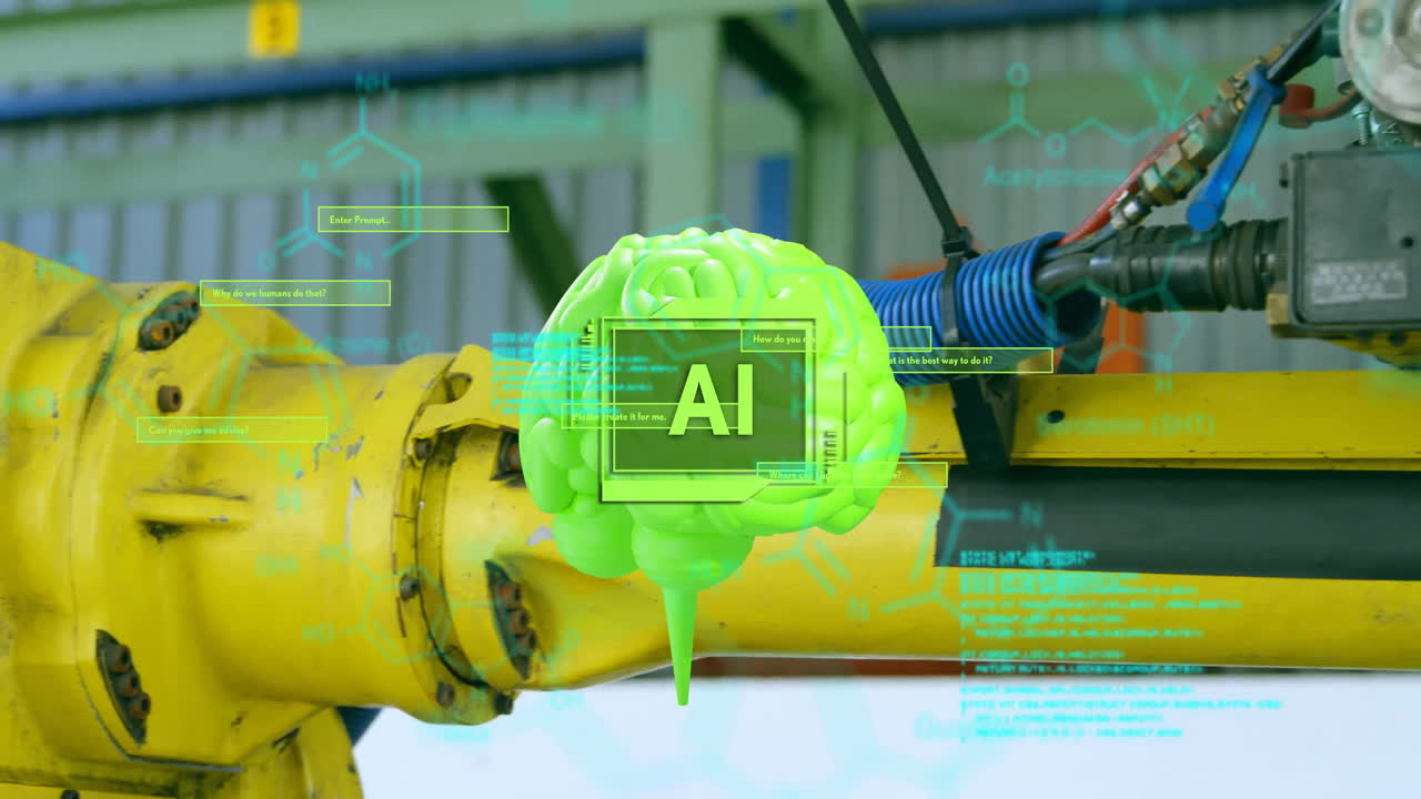 Grafis otak AI di atas lengan robot industri dalam pengaturan pabrik