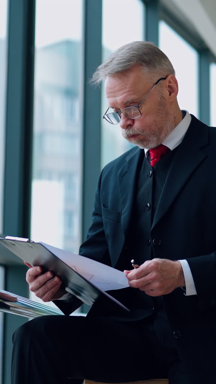 Businessman is working with documents in the office throwing away papers. Video with a senior man near window. Vertical video