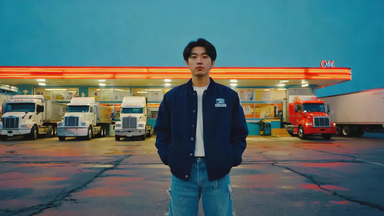 A person walking towards a truck stop