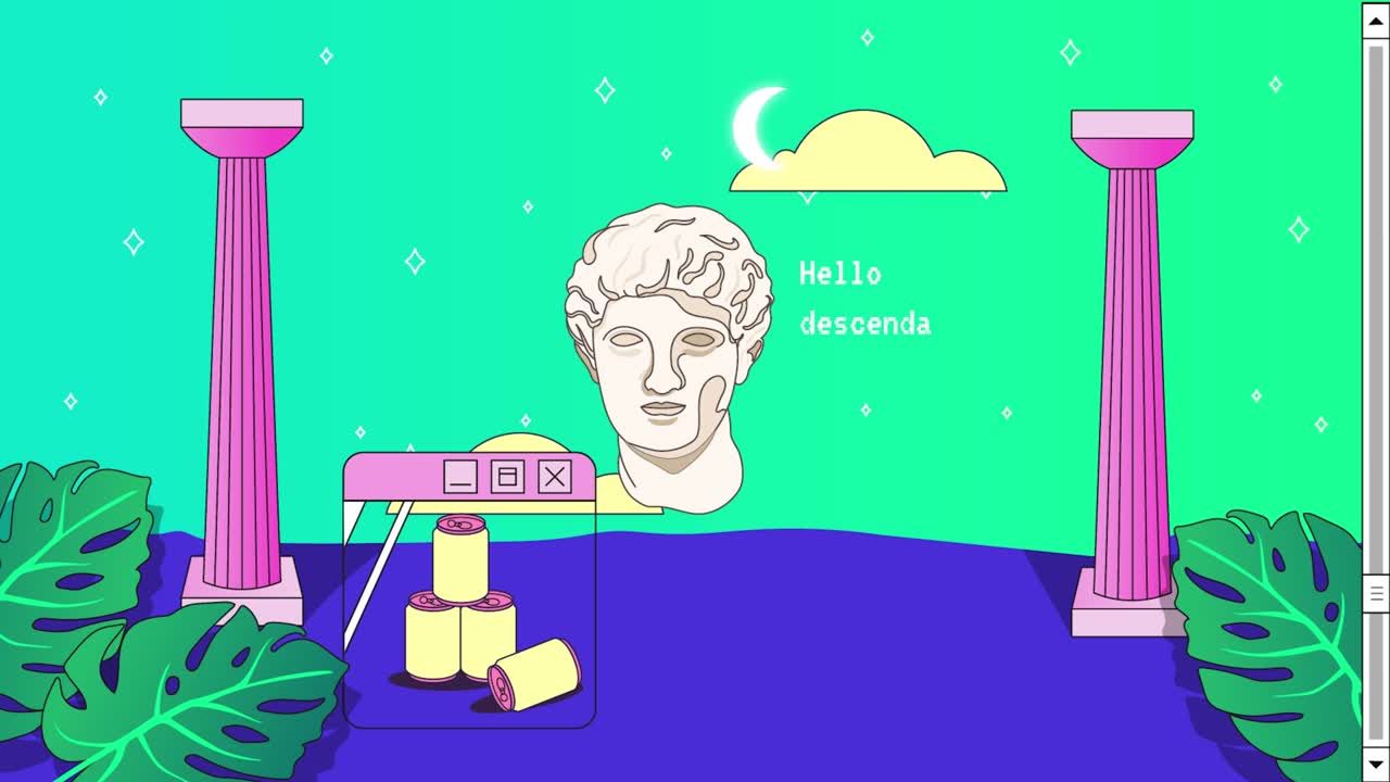 póster retro vaporwave con elementos de interfaz de usuario y estatua antigua romana de dibujos animados. telón de fondo estético antiguo de moda. animación de arte moderno.