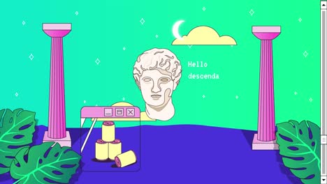 retro vaporwave poster with user interface elements and cartoon roman antique statue. trendy old aesthetic background. modern art animation.