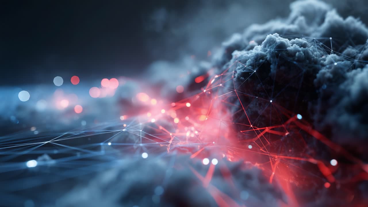 A Stunning Visualization of Abstract Digital Connections Amidst Dramatic Cloud Formations, Emphasizing the Intersection of Technology and Nature in a Mesmerizing Display of Light and Structure