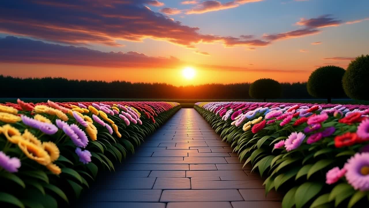 Sunset blooms in garden. Rows of vibrant flowers line a stone path as the sun sets, casting a warm glow over the blooming garden landscape.