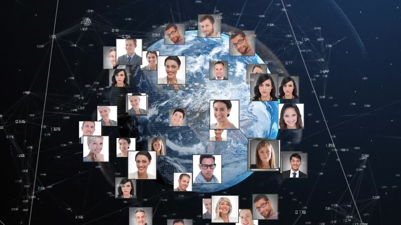 globo de iconos de perfil contra el globo giratorio sobre fondo azul