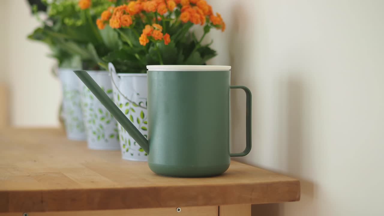 Watering can and flowers on wooden table