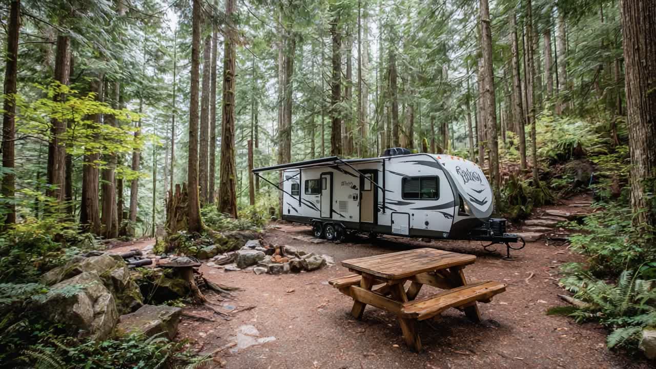 Serene Camping Retreat: A Cozy RV Surrounded by Towering Trees and Nature's Beauty in a Picturesque Forest Setting