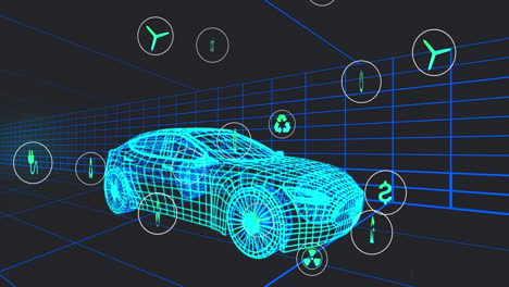 animación de múltiples iconos digitales sobre un modelo de coche 3d que se mueve en un patrón sin fisuras en un túnel