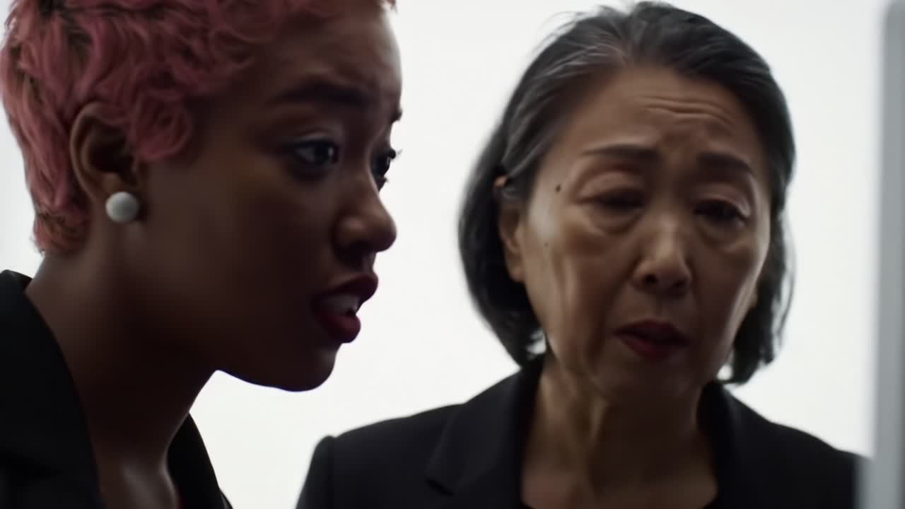 A Thoughtful Conversation Between Two Women in Professional Attire, Illuminated by Soft Light, Reflecting a Moment of Understanding Amidst a Modern Backdrop