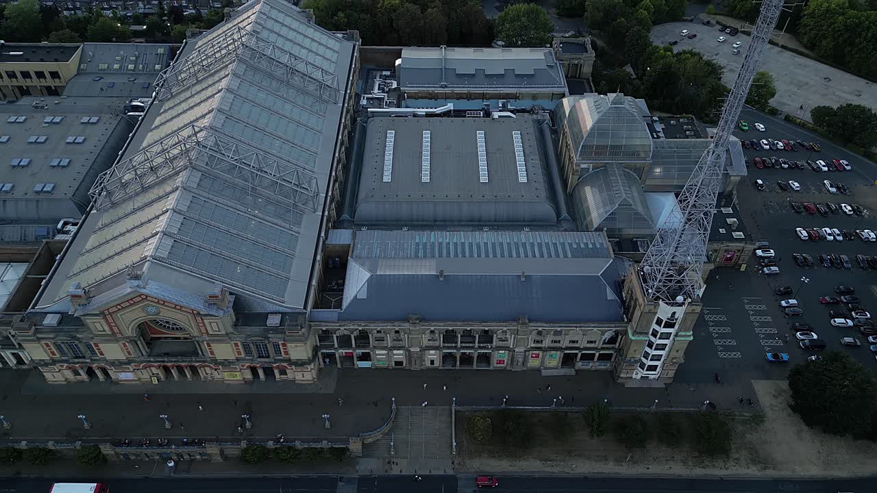 Aerial view establishing Alexandra Palace entertainment venue and surrounding downtown London