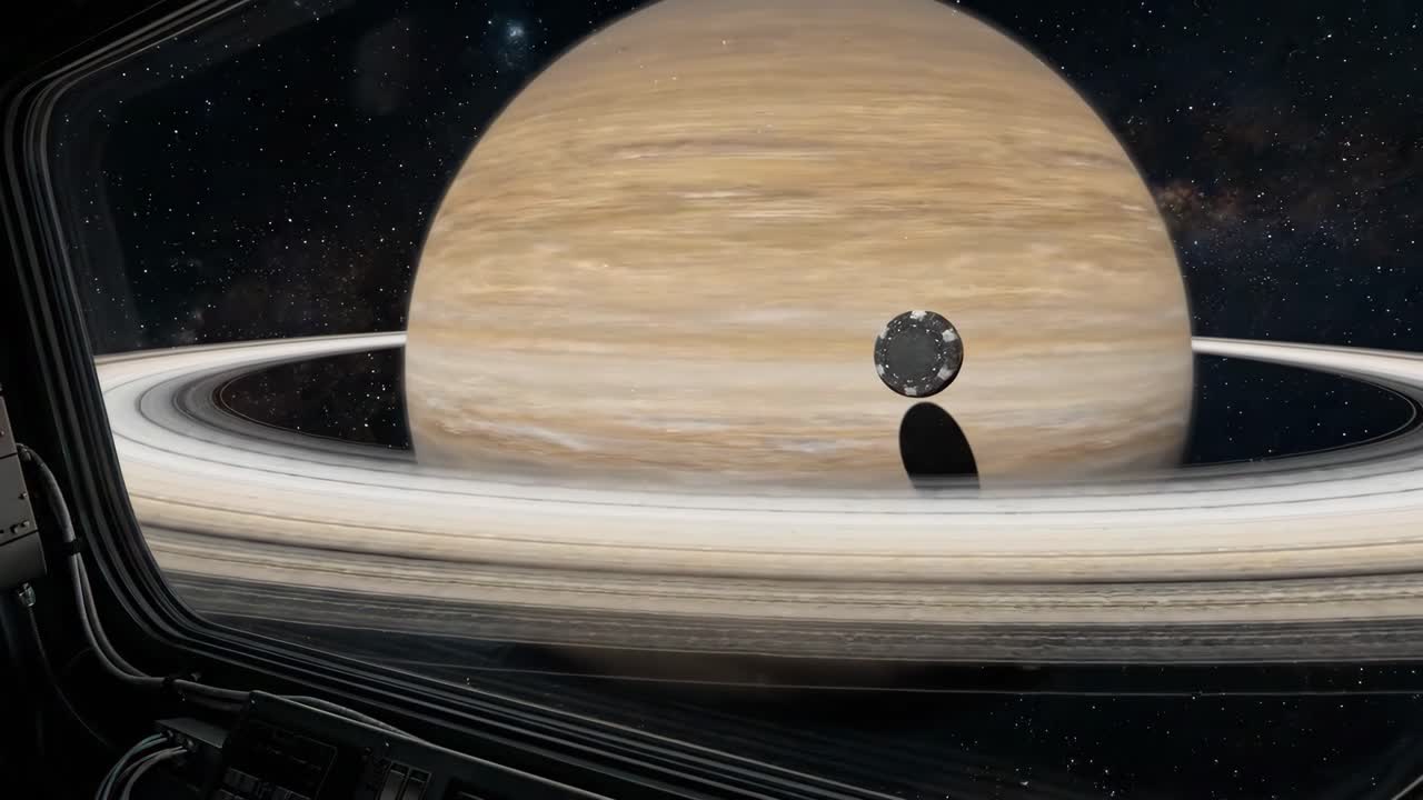 View of a Ringed Planet and Orbiting Object from a Spaceship Window