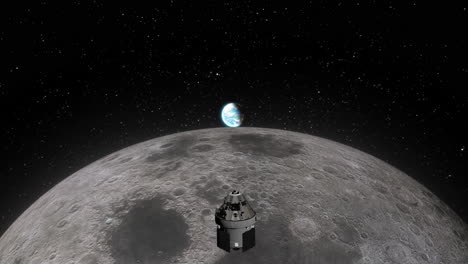 Orion-Artemis-Kapsel-Verlässt-Langsam-Den-Mond,-Während-Der-Planet-Erde-Mit-Sternhintergrund-Aufsteigt---3d-cgi-animation-4k