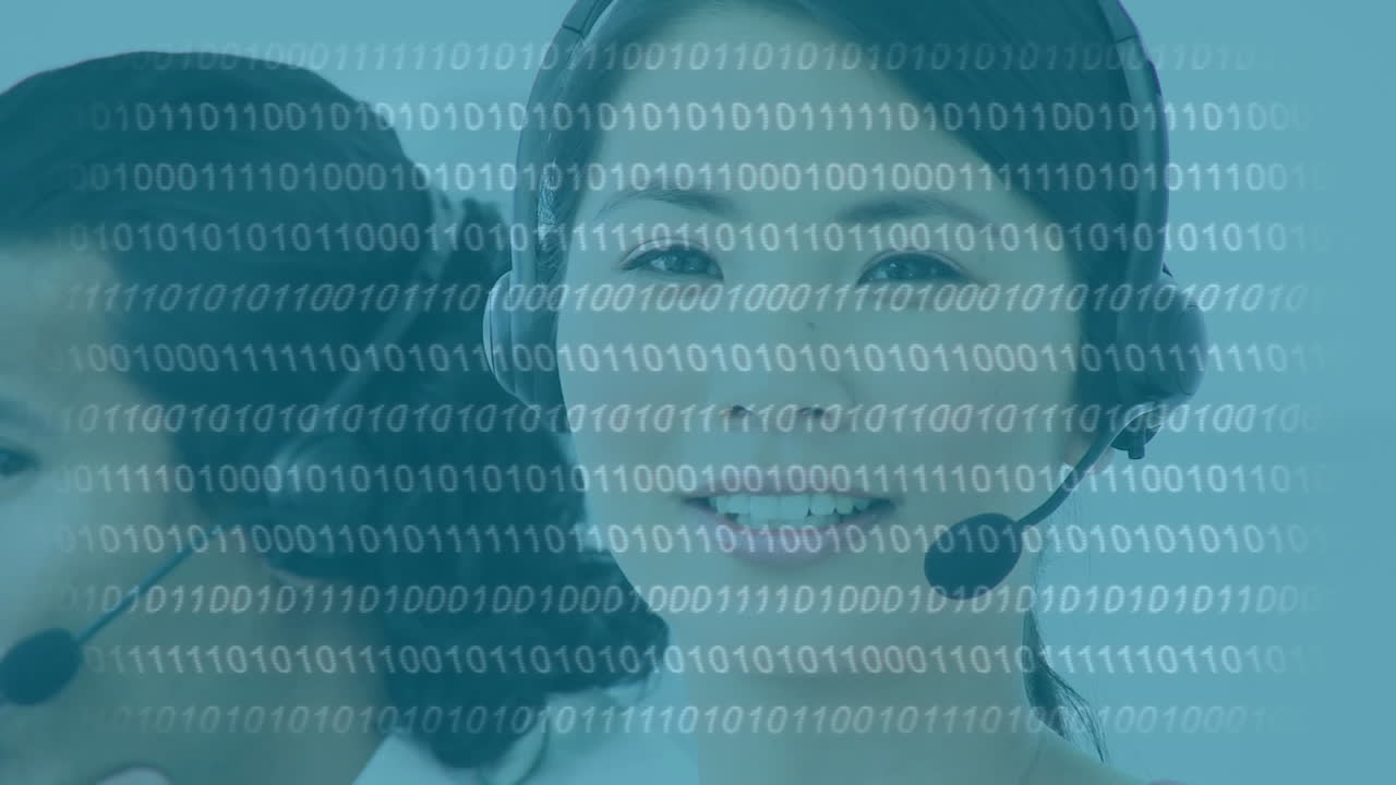 Binary coding data processing over asian female customer care executive talking on phone headset