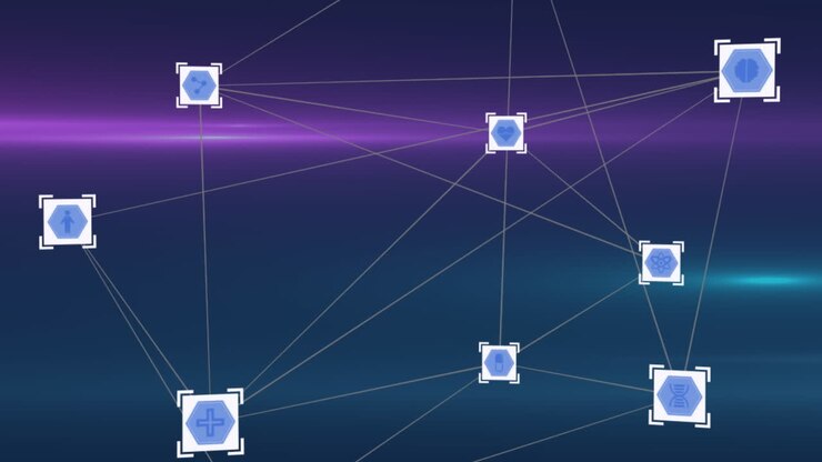 Network of digital icons against spot of light and light trails on blue background