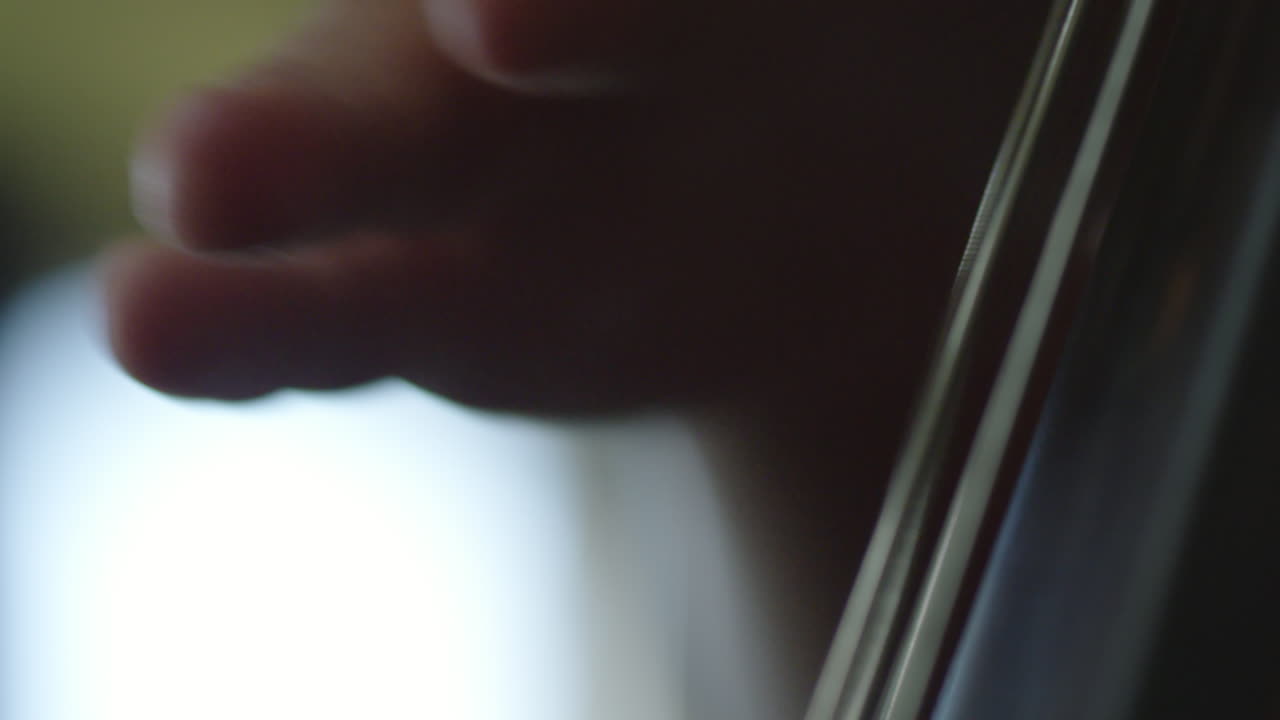 Primo piano della mano di un musicista che preme le corde su uno strumento musicale