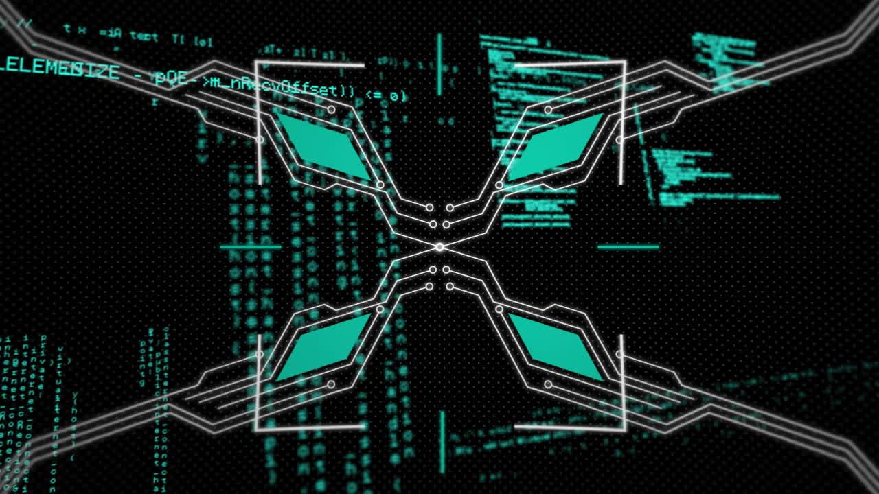 Geometric shapes and lines forming symmetrical pattern, futuristic technology animation