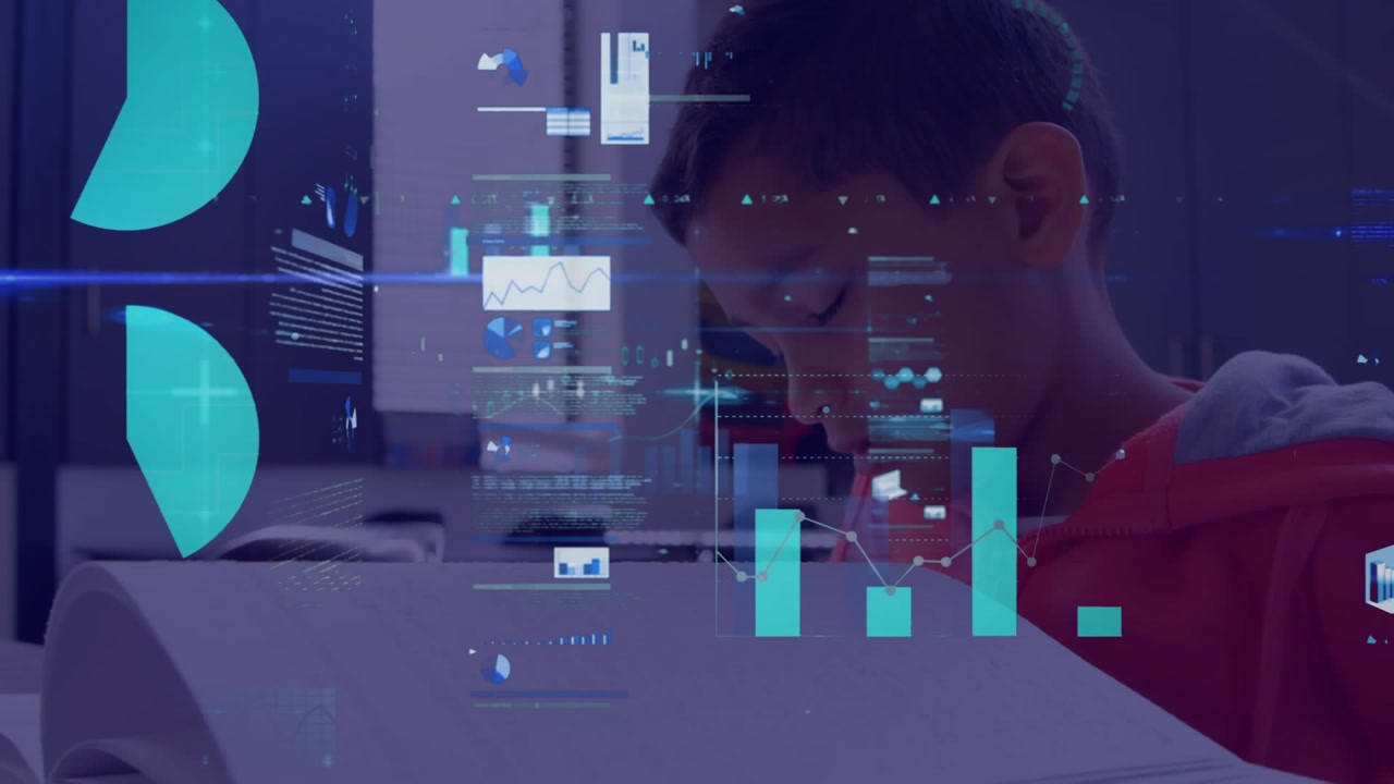 Animation of data processing over schoolboy in classroom