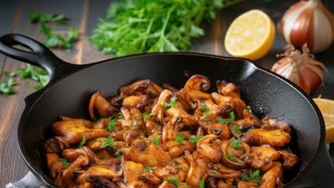 steaming sauteed mushrooms with vibrant parsley nestled in a cast iron pan, accompanied by fresh lemon and garlic in the background, crafting a warm and inviting culinary atmosphere