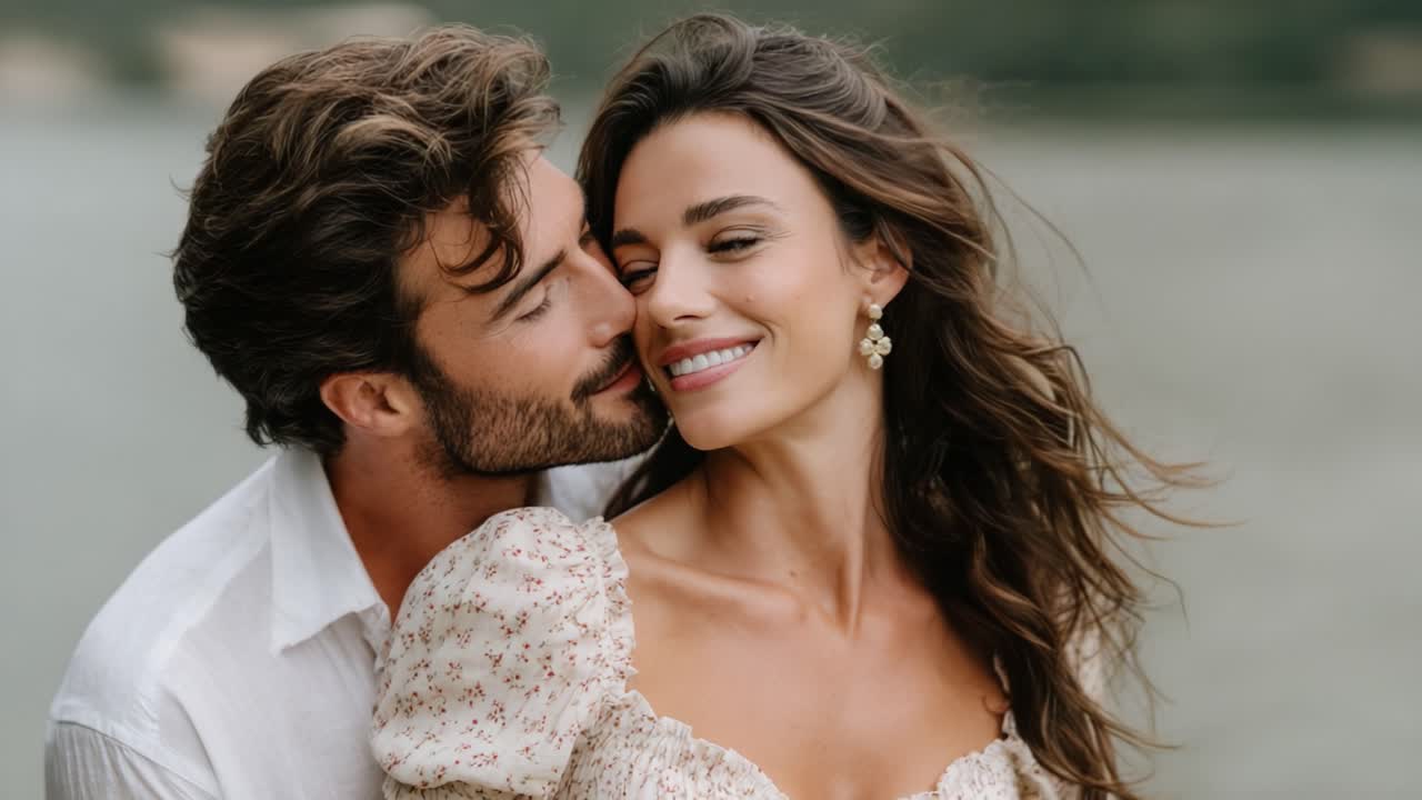 A Heartwarming Moment Between Two Lovers Amidst a Scenic Background, Capturing the Essence of Affection and Joy in Their Expressions and Body Language