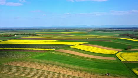 Fliegen-Auf-Einer-Weiten-Landschaft-Von-Ackerland-Mit-Rapsfeldern-Im-Frühling