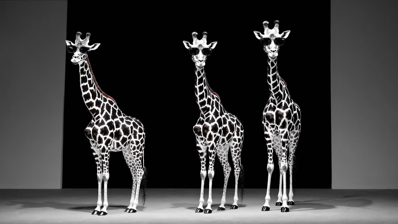 Three giraffes in black and white stand against a dark backdrop