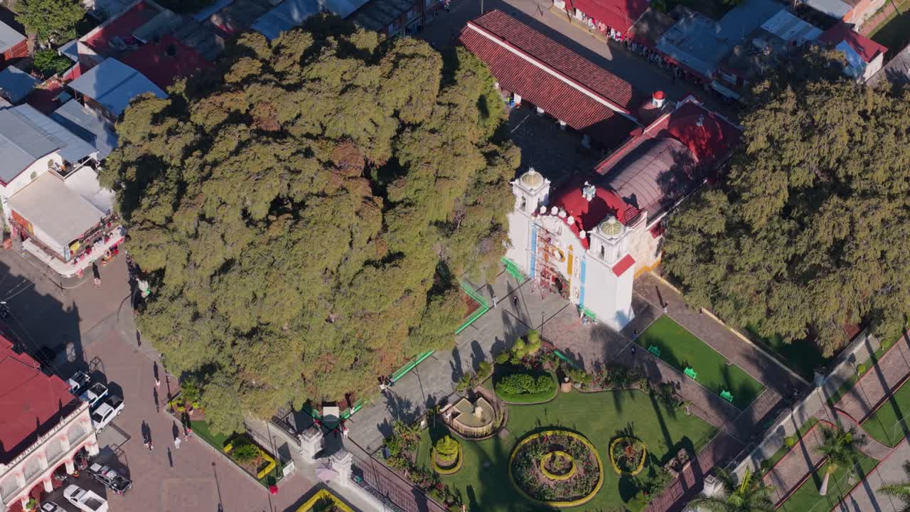 Panorami aerei di Santa María del Tule che mettono in risalto il suo iconico albero gigante, Oaxaca, Messico