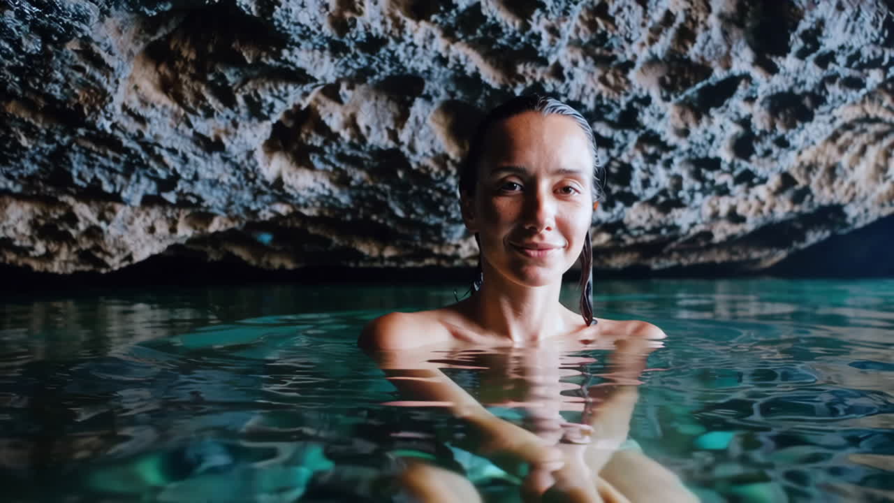 Woman swimming in a beautiful clear water cave