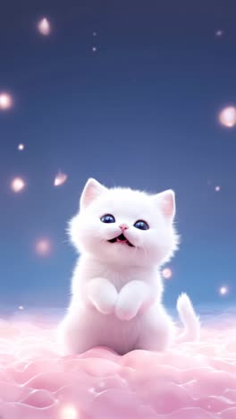 a whimsical video scene of a fluffy white kitten on a pink cloud, captured from a low angle