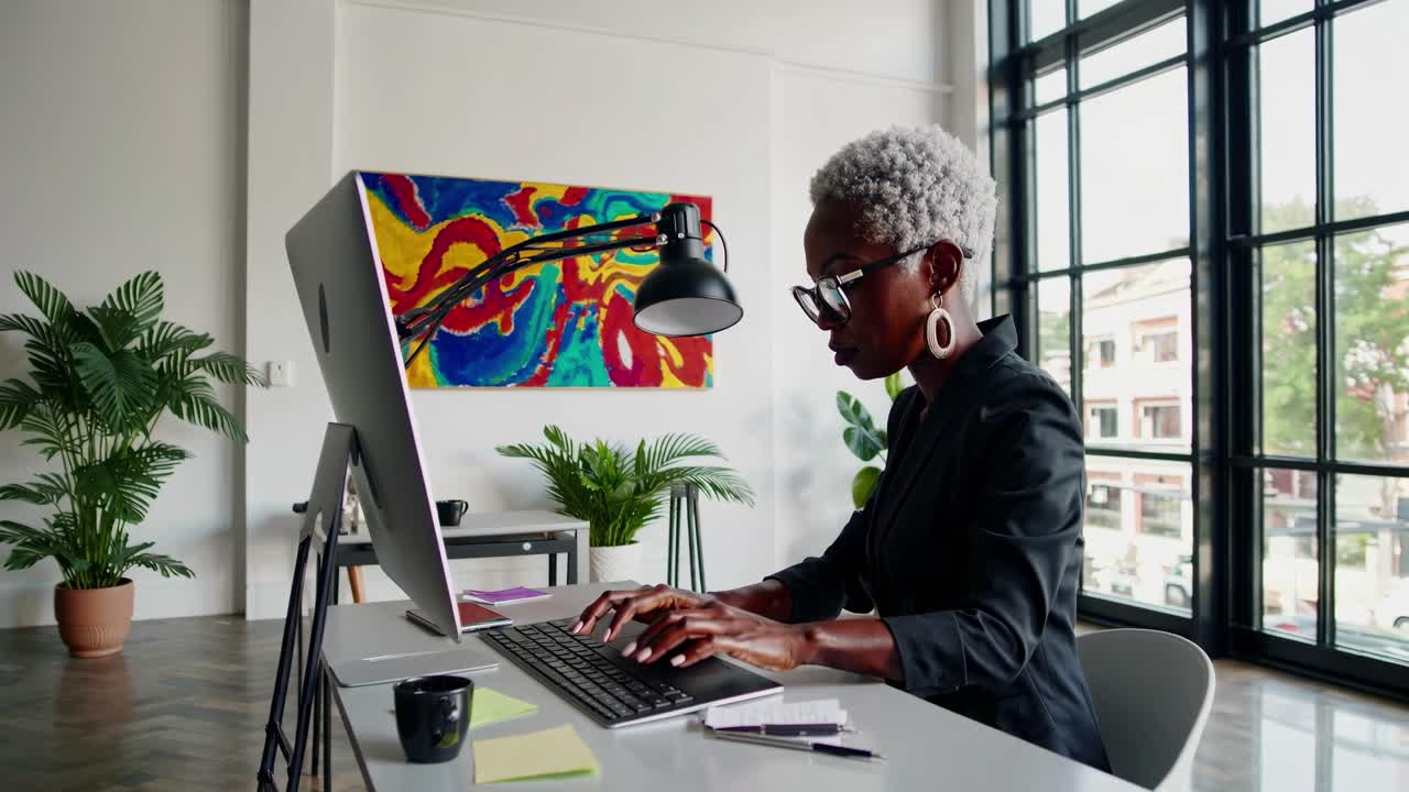 A professional woman works at a desk in a modern office. Side angle captures her focus. Bright