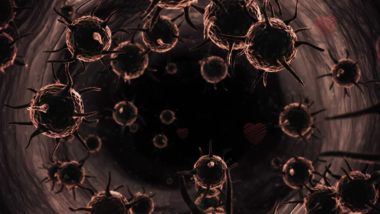 animación de células de covid-19 sobre personas caminando por la calle