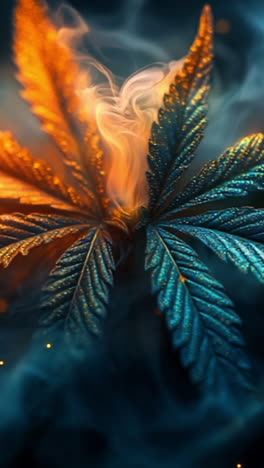 vibrant weed leaf in smoke. a vibrant cannabis leaf displays blue and orange hues, enveloped in swirling smoke against a dark background.