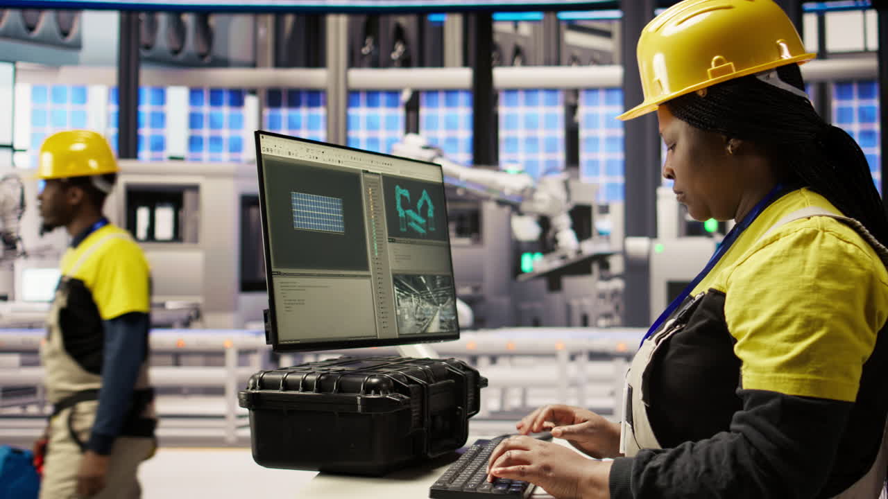 Vertical video Woman in smart factory expert uses computer to implement automated workflows