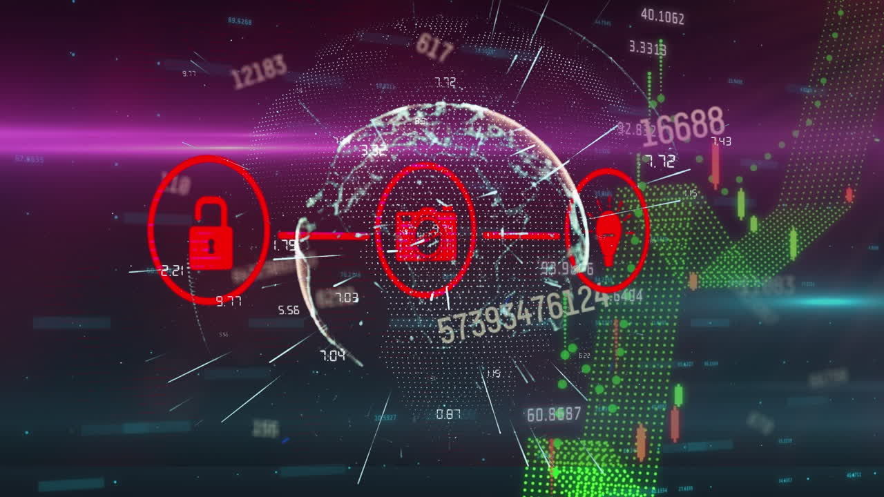 블랙 배경 위에 지구와 데이터 처리를 가진 미디어 아이콘의 애니메이션