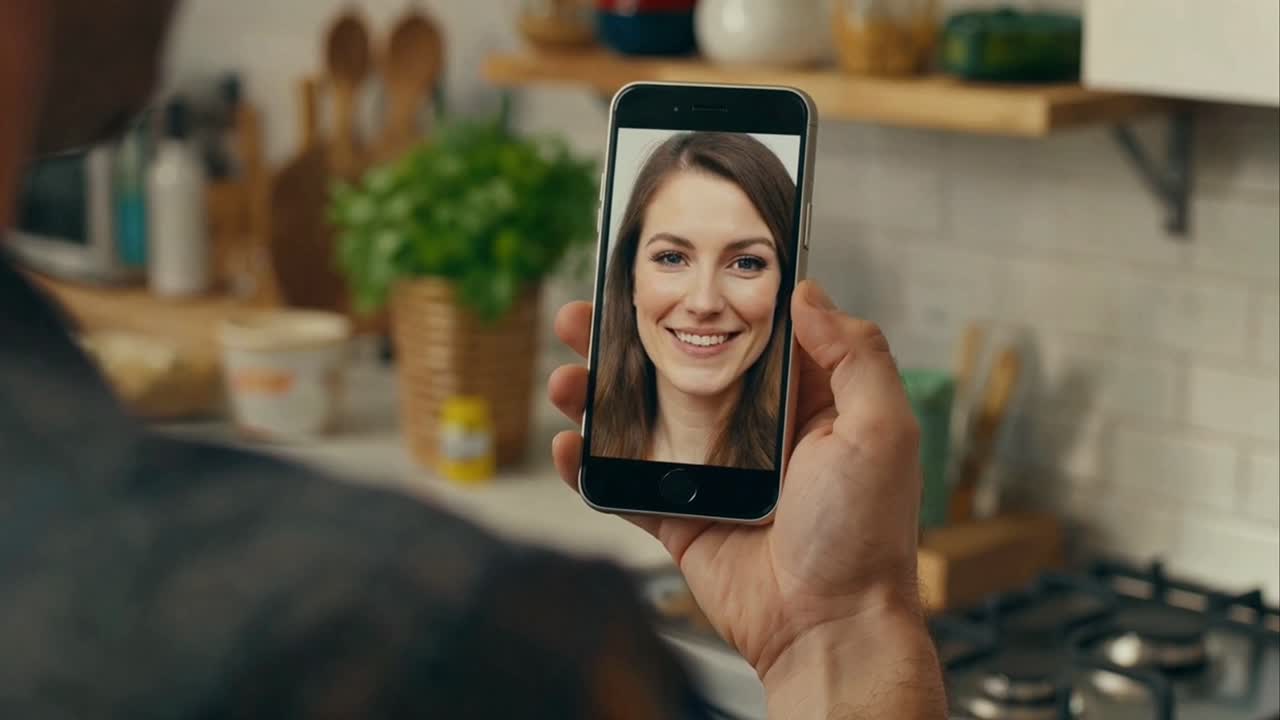 Man Holding Smartphone with Smiling Woman on Video Call