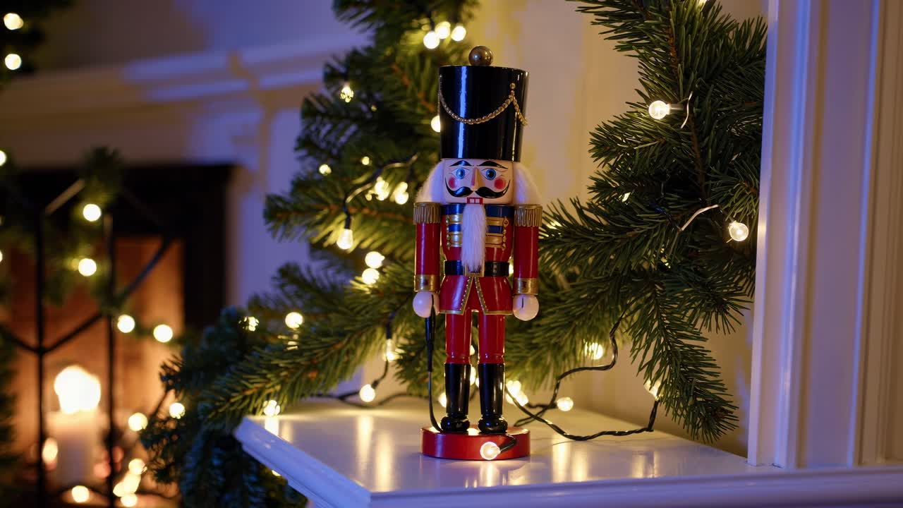 Festive nutcracker in a cozy holiday setting, surrounded by glowing lights