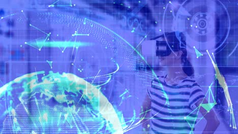 animación de redes de conexiones y globo sobre mujer usando auriculares vr