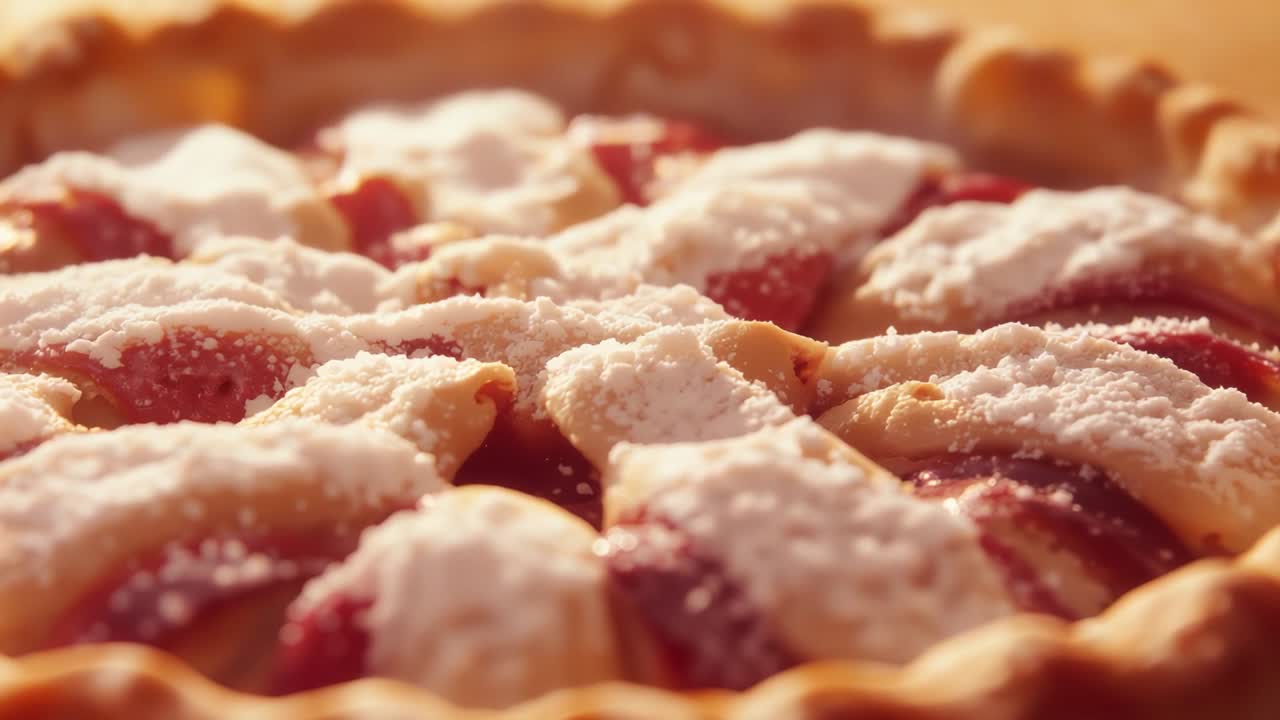 Camera starting slow glide across baked fruit pie on studio countertop, highlighting powdered sugar