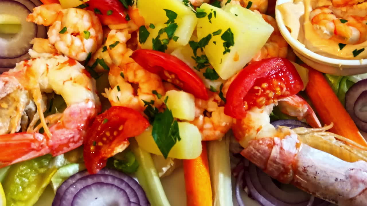 Primo piano di un piatto di frutti di mare freschi con scampi, gamberi, patate, pomodorini ed erbe aromatiche, servito su un tavolo da ristorante con una presentazione naturale.