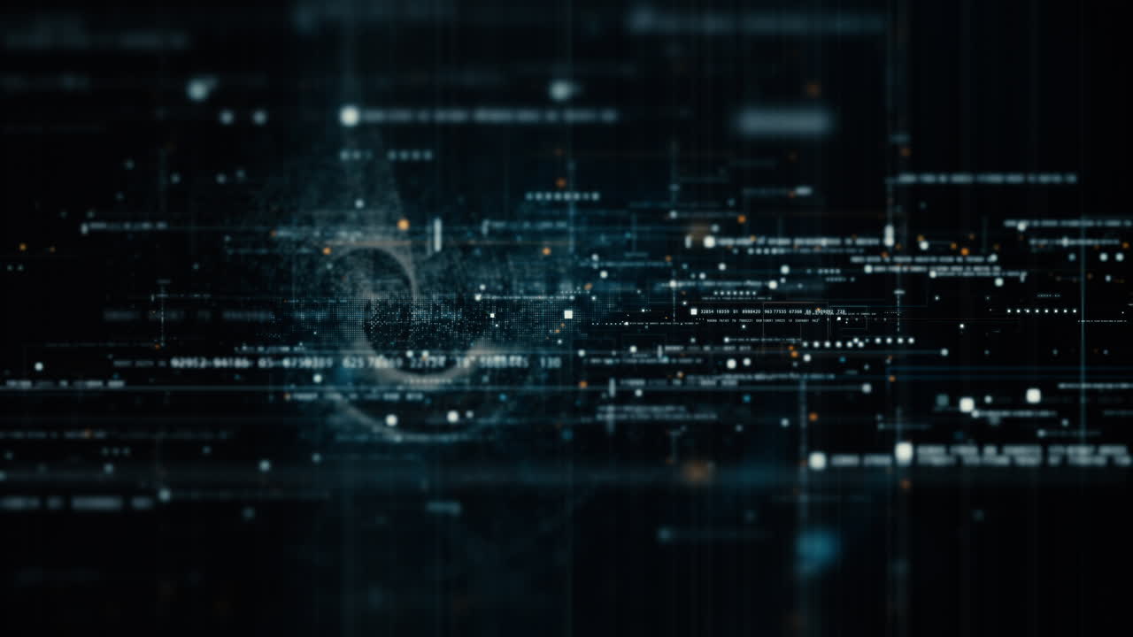 Futuristic abstract de-focus flowing data matrix, meta, metaverse, telemetry and encrypt numbers display with particles simulation in cyber space environment for head up display loop background