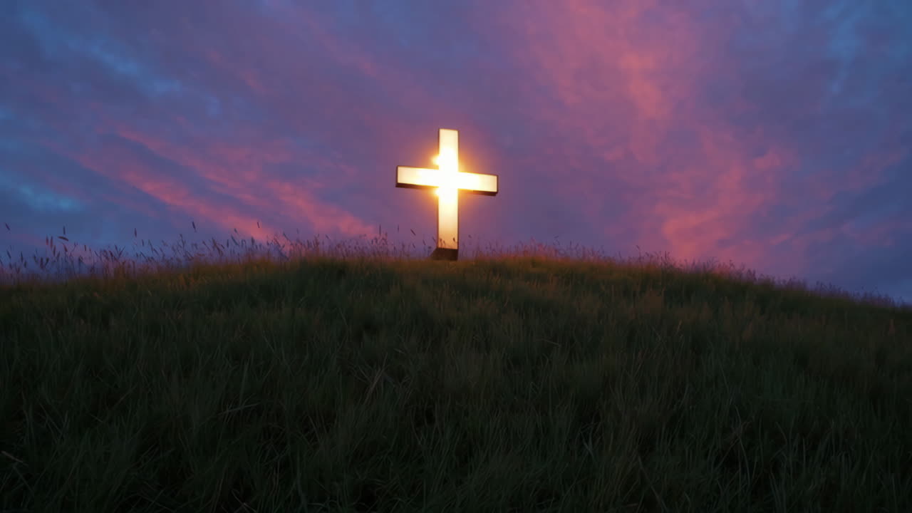 Illuminated Cross on a Hill at Sunset