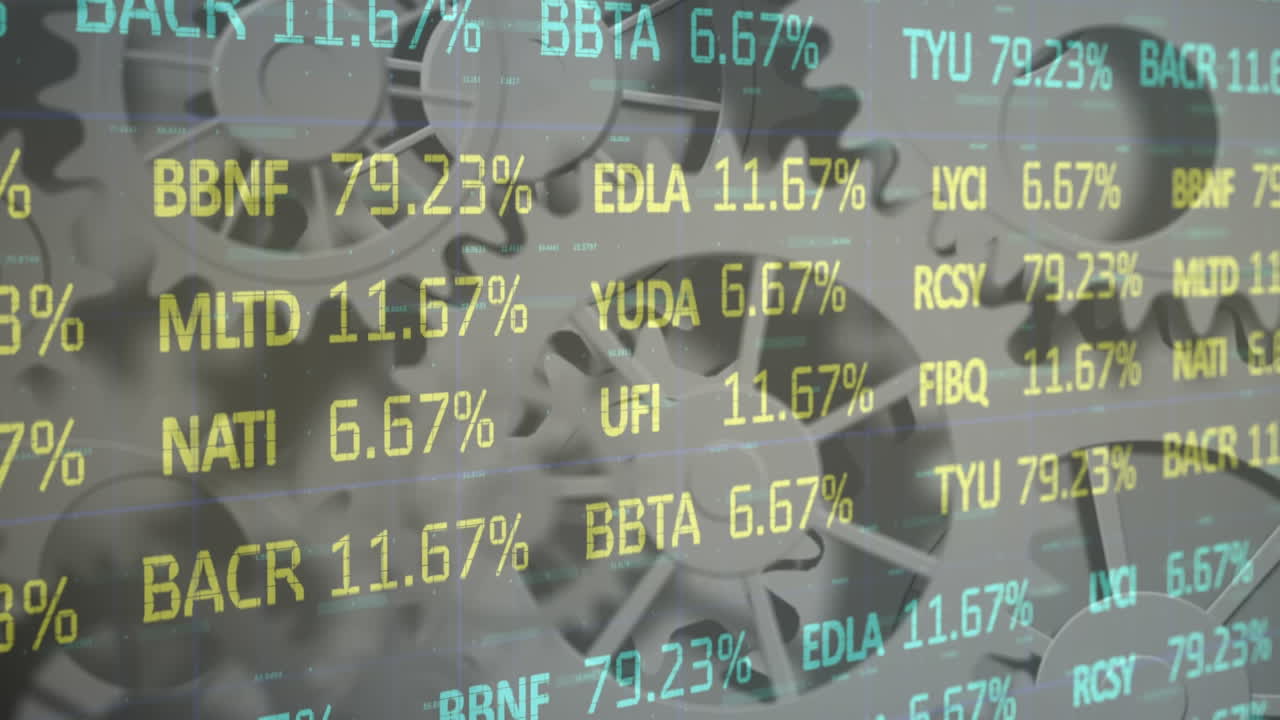 animación de los datos del mercado de valores sobre engranajes giratorios en gris
