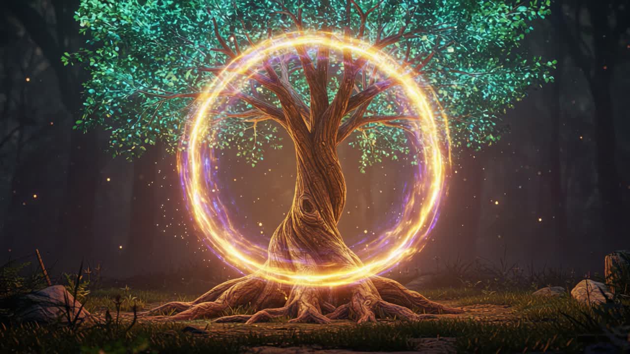 A Mystical Tree Illuminated by a Radiant Circle of Light, Nestled in a Serene Forest, Symbolizing Nature's Enchantment and Harmony with the Universe