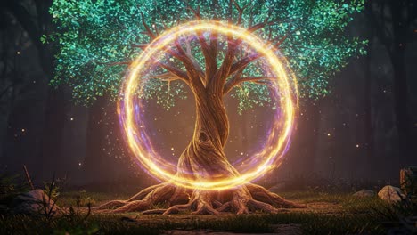 A Mystical Tree Illuminated by a Radiant Circle of Light, Nestled in a Serene Forest, Symbolizing Nature&#039;s Enchantment and Harmony with the Universe