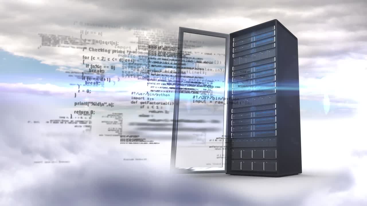 Animation of data processing and clouds over server