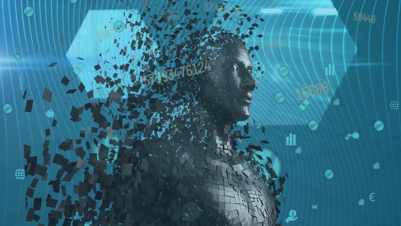 animación de procesamiento de datos y humano digital sobre formas en fondo azul.