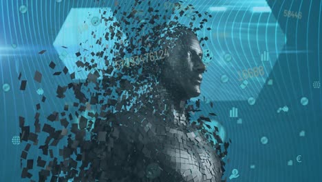 animación de procesamiento de datos y humano digital sobre formas en fondo azul.