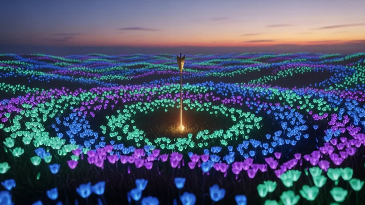 A mesmerizing field of vibrant, glowing flowers dancing in waves, illuminated by a radiant central figure as the sun sets, creating a surreal and enchanting landscape