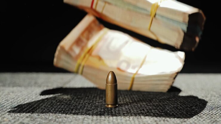 Proiettile da 9mm rovesciato da banconote in euro legate con elastico che cadono in un'ambientazione scura e suggestiva