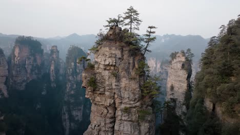 aerial shot of a tall isolated sandstone tower with sparse trees on top, set against the dramatic forested cliffs of zhangjiajie national park, china